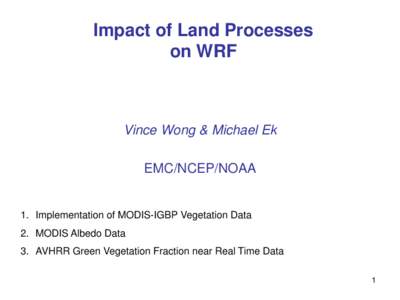 Impact of Land Processes on WRF Vince Wong & Michael Ek EMC/NCEP/NOAA