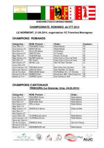 ASSOCIATIONS CYCLISTES CANTONALES ROMANDES  CHAMPIONNATS ROMANDS de VTT 2014 LE NOIRMONT, , organisation VC Franches Montagnes  CHAMPIONS ROMANDS