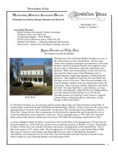 Newsletter of the  Mecklenburg Historical Association Docents Promoting Local History through Education and Research March/April, 2011 Volume 17, Number 2