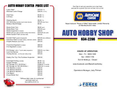 AUTO HOBBY CENTER PRICE LIST • Labor Rate*					 • Minimum Labor Charge $hr. $hr.)