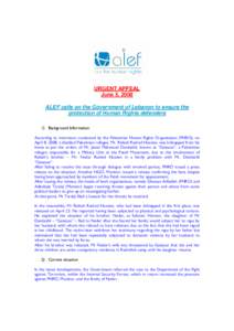 Microsoft Word - ALEF calls on the Government of Lebanon to Ensure the Protection of Human Rights defenders.doc