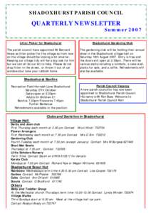 SHADOXHURST PARISH COUNCIL  QUARTERLY NEWSLETTER