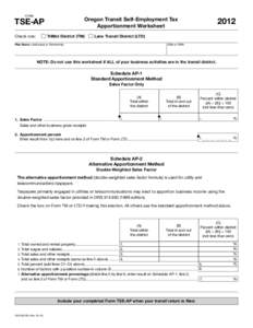 2011 Form TSE-AP, Oregon Transit Self-Employment Tax Apportionment Worksheet, Instructions, [removed]