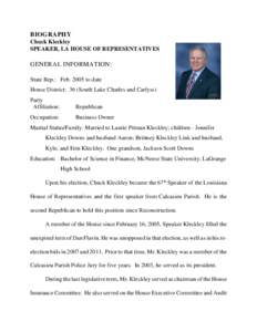 Lake Charles /  Louisiana / Lake Charles metropolitan area / Dan Flavin / Louisiana House of Representatives / McNeese State University / Calcasieu Parish /  Louisiana / Hunter Greene / Louisiana / Acadiana / Chuck Kleckley