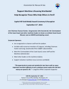 Association for Rescue At Sea  Support Maritime Lifesaving Worldwide! Help Recognize Those Who Help Others in Peril! Capitol Hill Gold Medal Award Ceremony & Reception September 21st, 2016