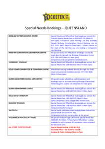      Special Needs Bookings – QUEENSLAND 