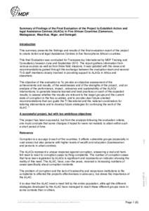 Summary of Findings of the Final Evaluation of the Project to Establish Action and legal Assistance Centres (ALACs) in Five African Countries (Cameroon, Madagascar, Mauritius, Niger, and Senegal) Introduction This summar