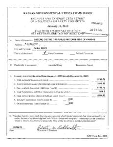 KANSAS GOVERNMENTAL ETHICS COMMISSION RECEIPTS AND EXPENDITURES REPORT OF A POLITICAL OR PARTY COMMITTEE January 10,2010 FILE WITH SECRETARY OF STATE