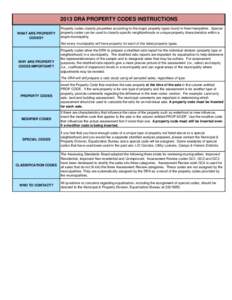 2013 DRA PROPERTY CODES INSTRUCTIONS WHAT ARE PROPERTY CODES? Property codes classify properties according to the major property types found in New Hampshire. Special property codes can be used to classify specific neigh