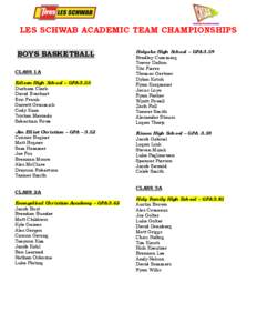 LES SCHWAB ACADEMIC TEAM CHAMPIONSHIPS BOYS BASKETBALL CLASS 1A Edison High School – GPA-3.55 Durham Clark David Everhart