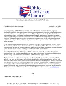 Advocating for Life, Faith, and Freedom in the Public Square  FOR IMMEDIATE RELEASE November 12, 2013
