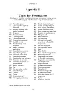 APPENDIX D  Appendix D Codes for Formulations (Catalogue of pesticide formulation types and international coding system, Technical Monograph no2, 6th Edition, CropLife International)