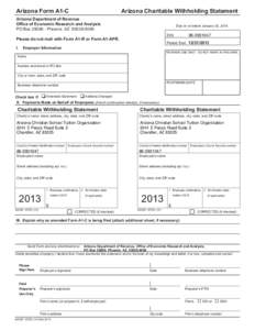 Arizona Form A1-C  Arizona Charitable Withholding Statement Arizona Department of Revenue Office of Economic Research and Analysis