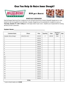 Can You Help Us Raise Some Dough? $10 per dozen WHISTLER FUNDRAISER Naches Ranger Band and Choir students are pre-selling Krispy Kreme Original Glazed© doughnuts to raise funds for their Spring 2015 trip to Whistler, Ca
