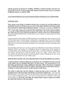 (Speech prepared by Bernard E. Nordling, SWKROA Assistant Executive Secretary, for presentation at the 55th annual meeting of the Southwest Kansas Royalty Owners Association in Hugoton, Kansas, on April 26, 2003) COAL BE