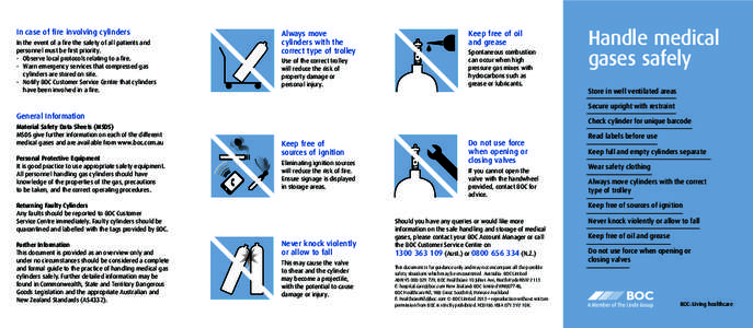 In case of fire involving cylinders  In the event of a fire the safety of all patients and personnel must be first priority. -	 Observe local protocols relating to a fire. -	 Warn emergency services that compressed gas