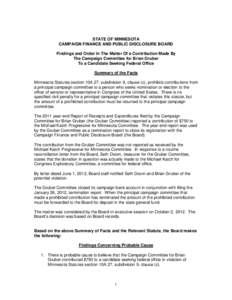 STATE OF MINNESOTA CAMPAIGN FINANCE AND PUBLIC DISCLOSURE BOARD Findings and Order In The Matter Of a Contribution Made By The Campaign Committee for Brian Gruber To a Candidate Seeking Federal Office Summary of the Fact