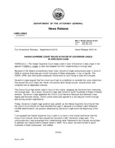 DEPARTMENT OF THE ATTORNEY GENERAL  News Release LINDA LINGLE GOVERNOR