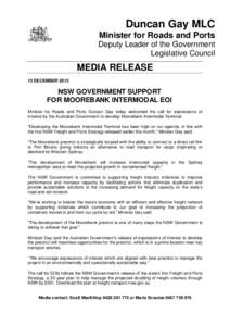 Duncan Gay MLC Minister for Roads and Ports Deputy Leader of the Government Legislative Council  MEDIA RELEASE
