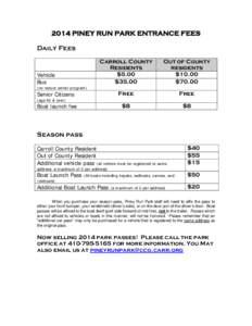 PINEY RUN PARK ENTRANCE FEES