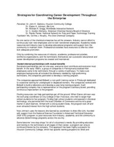 Strategies for Coordinating Career Development Throughout the Enterprise Panelists: Dr. John K. Galiotos, Houston Community College Dr. Elaine A. Johnson, Bio-Link Mr. Michael A. Gragg, Worldwide Interactive Network Dr. 