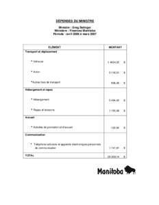 DÉPENSES DU MINISTRE Ministre : Greg Selinger Ministère : Finances Manitoba Période : avril 2006 à mars 2007  ÉLÉMENT