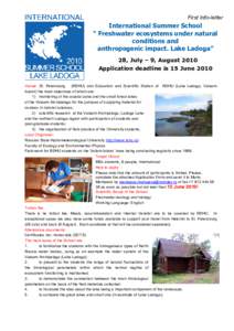 First Info-letter  International Summer School “ Freshwater ecosystems under natural conditions and anthropogenic impact. Lake Ladoga”
