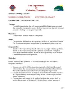 Fire Department Of Columbia, Tennessee Protective Clothing Guideline GUIDELINE NUMBER: PCG-0021