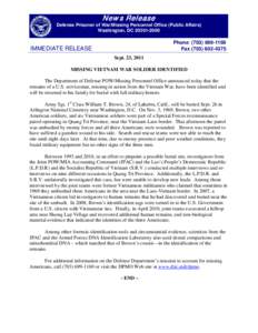 N ew s R elease Defense Prisoner of War/Missing Personnel Office (Public Affairs) Washington, DC[removed]Phone: ([removed]Fax[removed]