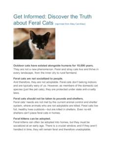 Get Informed: Discover the Truth about Feral Cats (reprinted from Alley Cat Allies) Outdoor cats have existed alongside humans for 10,000 years. They are not a new phenomenon. Feral and stray cats live and thrive in ever