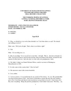 UNIVERSITY OF MASSACHUSETTS LOWELL CENTER FOR LOWELL HISTORY ORAL HISTORY COLLECTION THE WORKING PEOPLE OF LOWELL LOWELL NATIONAL HISTORICAL PARK MARY BLEWETT/MARTHA MAYO