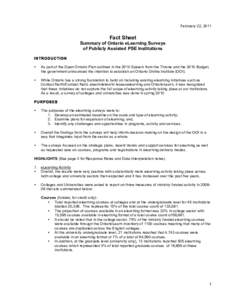 February 22, 2011  Fact Sheet Summary of Ontario eLearning Surveys of Publicly Assisted PSE Institutions INTRODUCTION