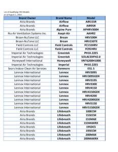 List of Qualifying HRV Models as of August 1, 2014 Brand Owner Airia Brands Airia Brands