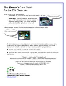 The Viewer’s Cheat Sheet For the ICN Classroom Locate and turn on all power switches. (There will be one or two switches under the podium in addition to the lights.)  Location of power switch