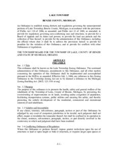 LAKE TOWNSHIP BENZIE COUNTY, MICHIGAN An Ordinance to establish zoning districts and regulations governing the unincorporated portions of Lake Township, Benzie County, Michigan, in accordance with the provisions of Publi