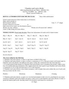 Chambers and Lackey Realty 1008 Long Beach Boulevard Phone : ([removed]Surf City, NJ[removed]Fax : ([removed]Email: [removed] RENTAL AUTHORIZATION FOR THE 2014 YEAR.