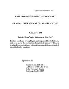 Approval Date: September 4, 2002  FREEDOM OF INFORMATION SUMMARY ORIGINAL NEW ANIMAL DRUG APPLICATION  NADA[removed]