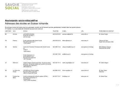 Assistant/e socio-éducatif/ve Adresses des écoles en Suisse romande En principe, toutes les écoles (sauf les gymnases vaudois qui ne forment que des généralistes) forment dans les quatre options. A Yverdon, il y a u