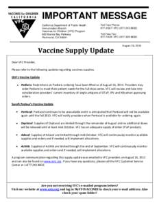 California Vaccines for Children Program’s[removed]Influenza Vaccines can be ordered, again, beginning Monday, October 10th  Y