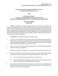 Blanket Order No. 8 Revoked & Replaced January 6, 1995 by Blanket Order No. 28 IN THE MATTER OF THE SECURITIES ACT, 1990 S.N. 1990, CHAPTER 48 (the 