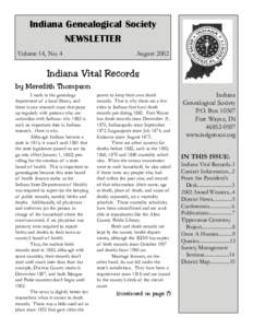 Indiana Genealogical Society NEWSLETTER Volume 14, No. 4 August 2002