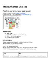 Review Career Choices  Techniques to find your ideal career  Based on training course Redesign Your Career  Trainer Tim Clark is also author of book Business Model You    