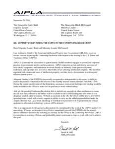 Microsoft Word - AIPLA Letter Senate on USPTO Funding in CR September 2011 UPDATED