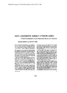Reprinted in Essays of an Information Scientist, Vol:6, p[removed], 1983  ASCA (AUTOMATIC