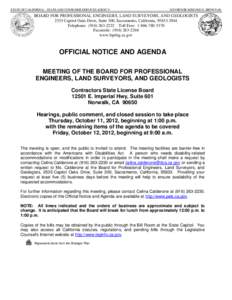 STATE OF CALIFORNIA – STATE AND CONSUMER SERVICES AGENCY  GOVERNOR EDMUND G. BROWN JR. BOARD FOR PROFESSIONAL ENGINEERS, LAND SURVEYORS, AND GEOLOGISTS 2535 Capitol Oaks Drive, Suite 300, Sacramento, California, 95833-
