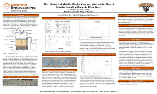 The Influence of Metallic Biocide Concentration on the Time of Deactivation of Coliforms in River Water Erin Brett & Laura Lackey Faculty Advisor: Dr. Philip McCreanor Mercer University - School of Engineering, Macon, GA