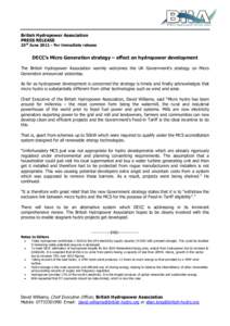 British Hydropower Association PRESS RELEASE 23rd June[removed]For immediate release  DECC’s Micro Generation strategy – effect on hydropower development