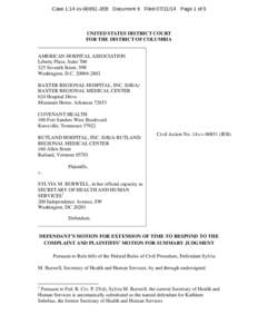 Case 1:14-cv[removed]JEB Document 9 Filed[removed]Page 1 of 5  UNITED STATES DISTRICT COURT FOR THE DISTRICT OF COLUMBIA AMERICAN HOSPITAL ASSOCIATION Liberty Place, Suite 700