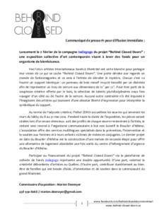 Communiqué de presse #1 pour diffusion immédiate : Lancement le 2 février de la campagne Indiegogo du projet “Behind Closed Doors” : une exposition collective d’art contemporain visant à lever des fonds pour un