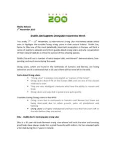 Media Release 7th November 2010 Dublin Zoo Supports Orangutan Awareness Week This week, 7th – 13th November, is international Orang utan Awareness Week which aims to highlight the troubles facing orang utans in their n